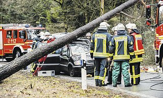 Zerstörung: Dieses Fahrzeug wurde in Bielefeld von einem umstürzenden Baum getroffen, der Fahrer wurde schwer verletzt von Rettungskräften geborgen. - Christian Mathiesen Zerstörung: Dieses Fahrzeug wurde in Bielefeld von einem umstürzenden Baum getroffen, der Fahrer wurde schwer verletzt von Rettungskräften geborgen. - Christian Mathiesen