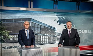 Das TV-Duell der Spitzenkandidaten für die Landtagswahl in Thüringen: Björn Höcke (AfD, l) und Mario Voigt (CDU). - Michael Kappeler/dpa Das TV-Duell der Spitzenkandidaten für die Landtagswahl in Thüringen: Björn Höcke (AfD, l) und Mario Voigt (CDU). - Michael Kappeler/dpa