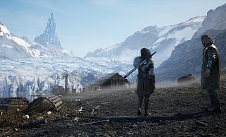 Zwei Figuren in der eindrucksvollen, von Island inspirierten Landschaft von Echoes of the End. - Myrkur Games Zwei Figuren in der eindrucksvollen, von Island inspirierten Landschaft von Echoes of the End. - Myrkur Games