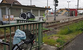 Die hintere Querung: Die Reisenden kommen von der kleinen Straße rechts im Bild und laufen über das letzte Gleis auf das Bahnhofsgelände. Im Hintergrund ist die Behelfsbrücke zu sehen. - Rainer Seifert Die hintere Querung: Die Reisenden kommen von der kleinen Straße rechts im Bild und laufen über das letzte Gleis auf das Bahnhofsgelände. Im Hintergrund ist die Behelfsbrücke zu sehen. - Rainer Seifert