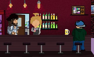Im Spiel sieht alles aus wie in der Bar. Selbst die Inhaber Benjamin Stücke (v. l.) und Katharina Friesen sind hinter dem Tresen zu erkennen. - Plan B Im Spiel sieht alles aus wie in der Bar. Selbst die Inhaber Benjamin Stücke (v. l.) und Katharina Friesen sind hinter dem Tresen zu erkennen. - Plan B
