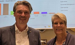 Am Wahlabend im Bünder Rathaus: Matthias Ciesler (CDU) und Susanne Rutenkröger (SPD) gehen am 28. September in Bünde in die Stichwahl. - Gerald Dunkel Am Wahlabend im Bünder Rathaus: Matthias Ciesler (CDU) und Susanne Rutenkröger (SPD) gehen am 28. September in Bünde in die Stichwahl. - Gerald Dunkel