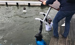 Etliche Tische und Stühle fischen die Taucher aus dem Wasser. - Privat Etliche Tische und Stühle fischen die Taucher aus dem Wasser. - Privat