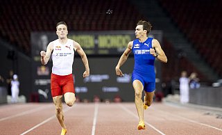 Stabhochspringer Armand Duplantis ließ Hürdenläufer Karsten Warholm keine Chance über 100 Meter. - Michael Buholzer/KEYSTONE/dpa Stabhochspringer Armand Duplantis ließ Hürdenläufer Karsten Warholm keine Chance über 100 Meter. - Michael Buholzer/KEYSTONE/dpa