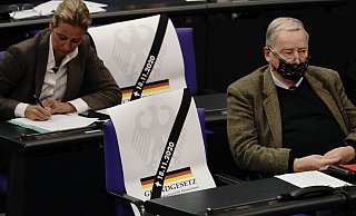 Die AfD-Abgeordneten Alexander Gauland und Alice Weidel setzen am Tag der Änderung des Infektionsschutzgesetzes mit Plakaten ein Zeichen. - picture alliance/Michael Kappeler/dpa Die AfD-Abgeordneten Alexander Gauland und Alice Weidel setzen am Tag der Änderung des Infektionsschutzgesetzes mit Plakaten ein Zeichen. - picture alliance/Michael Kappeler/dpa