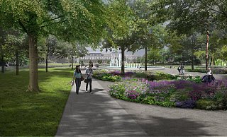 Eine Sichtachse bis zum Parkhotel: Vor dem Kaiser-Karls-Park (hinten) sind die zukünftigen Fontänen zu sehen. Eine Sichtachse bis zum Parkhotel: Vor dem Kaiser-Karls-Park (hinten) sind die zukünftigen Fontänen zu sehen.