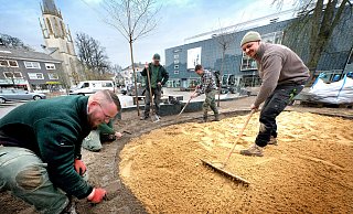 Für das Wochenende wurden zwölf Tonnen Senne-Sand nach Gütersloh transportiert. Jan Hartkämper harkt ihn glatt. - Andreas Frücht Für das Wochenende wurden zwölf Tonnen Senne-Sand nach Gütersloh transportiert. Jan Hartkämper harkt ihn glatt. - Andreas Frücht