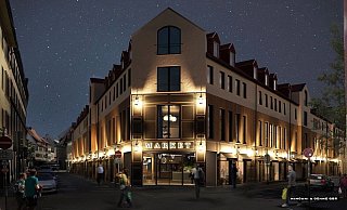 Die Visualisierung zeigt die Markthalle bei Nacht - als Highlight für die Altstadt. - Buse Bautra / Mimouni & Oehme / Brewitt Die Visualisierung zeigt die Markthalle bei Nacht - als Highlight für die Altstadt. - Buse Bautra / Mimouni & Oehme / Brewitt