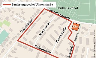 Vom Sanierungsgebiet ausgenommen ist die Fläche des Kita-Neubaus an der Eichenstraße. - Jürgen Schultheiß Vom Sanierungsgebiet ausgenommen ist die Fläche des Kita-Neubaus an der Eichenstraße. - Jürgen Schultheiß