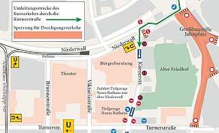 Der Busverkehr aus Richtung Hauptbahnhof fließt weiter über die Herforder Straße, in Gegenrichtung muss er durch die Körnerstraße. - Yvonne Vogt (Grafik)/ Stadt Bielefeld (Quelle) Der Busverkehr aus Richtung Hauptbahnhof fließt weiter über die Herforder Straße, in Gegenrichtung muss er durch die Körnerstraße. - Yvonne Vogt (Grafik)/ Stadt Bielefeld (Quelle)