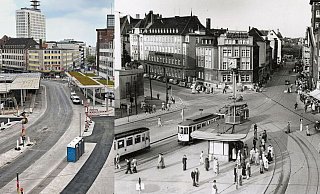 Vergleich Jahnplatz 2022 und 1955. - Barbara Franke/Stadtarchiv Bielefeld Vergleich Jahnplatz 2022 und 1955. - Barbara Franke/Stadtarchiv Bielefeld