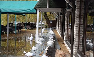 Bis zu den Sandsäcken, die vor dem Eingang der "Moor Ranch" gestapelt sind, reichte das Wasser am Dienstagmittag schon. - Mareike Patock Bis zu den Sandsäcken, die vor dem Eingang der "Moor Ranch" gestapelt sind, reichte das Wasser am Dienstagmittag schon. - Mareike Patock