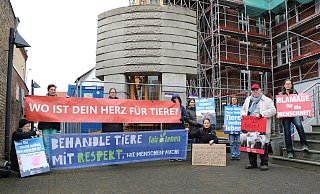 Mitglieder des Gütersloher Vereins Fairleben und des Vereins "Achtung für Tiere" protestierten vor dem Wiedenbrücker Amtsgericht. - Anja Hustert Mitglieder des Gütersloher Vereins Fairleben und des Vereins "Achtung für Tiere" protestierten vor dem Wiedenbrücker Amtsgericht. - Anja Hustert