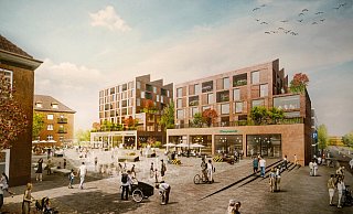 Der heutige Parkplatz der Kaserne soll zum Teil mit neuen Wohn- und Geschäftshäusern bebaut werden. Davor entsteht ein Stadtteil-Platz. Die historischen Kasernengebäude (links) werden erhalten und zu Mehrfamilienhäusern. - Studio Schulz Granberg Der heutige Parkplatz der Kaserne soll zum Teil mit neuen Wohn- und Geschäftshäusern bebaut werden. Davor entsteht ein Stadtteil-Platz. Die historischen Kasernengebäude (links) werden erhalten und zu Mehrfamilienhäusern. - Studio Schulz Granberg