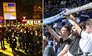 Während die Lichterpsaziergänger mit ihrer Demo die Innenstadt umkreisen, reisen die Arminia-Fans zum wichtigen Spiel ins Stadion an. - NW / Wolfgang Rudolf Während die Lichterpsaziergänger mit ihrer Demo die Innenstadt umkreisen, reisen die Arminia-Fans zum wichtigen Spiel ins Stadion an. - NW / Wolfgang Rudolf