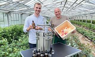 Zwischen den Rosen-Reihen im Gewächshaus stehen Till (l.) und Heiner Schwagmeier in einem der Gewächshäuser der Gärtnerei. Die Destille ermöglicht es, aus Rösenblütenblättern eine Essenz für das Rosenwasser herzustellen, das seit einiger Zeit im Hofladen angeboten wird. - Natalie Gottwald Zwischen den Rosen-Reihen im Gewächshaus stehen Till (l.) und Heiner Schwagmeier in einem der Gewächshäuser der Gärtnerei. Die Destille ermöglicht es, aus Rösenblütenblättern eine Essenz für das Rosenwasser herzustellen, das seit einiger Zeit im Hofladen angeboten wird. - Natalie Gottwald