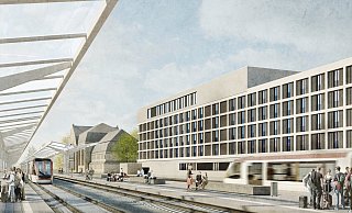 Offen zu den Bahnsteigen hin: Die Rückseite des neuen Intercity Hotels am Hauptbahnhof. - „raumwerk / GBI Holding AG“ Offen zu den Bahnsteigen hin: Die Rückseite des neuen Intercity Hotels am Hauptbahnhof. - „raumwerk / GBI Holding AG“