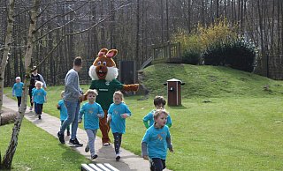 Damit die Kinder der "Kita Ottilienquelle" auch genug Motivation für den Osterlauf bekommen, begibt sich Maskottchen Paola auch selbst auf das Trainingsgelände. - Moritz Jülich Damit die Kinder der "Kita Ottilienquelle" auch genug Motivation für den Osterlauf bekommen, begibt sich Maskottchen Paola auch selbst auf das Trainingsgelände. - Moritz Jülich