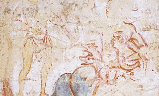 Die Wandmalerei im Johanneschor des Corveyer Westwerks zeigt den Kampf des Odysseus mit dem Seeungeheuer. - Ehlert Die Wandmalerei im Johanneschor des Corveyer Westwerks zeigt den Kampf des Odysseus mit dem Seeungeheuer. - Ehlert