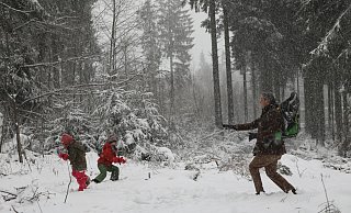 Eine Familie macht im Wald in Winterberg eine Schneeballschlacht. - Sascha Thelen Eine Familie macht im Wald in Winterberg eine Schneeballschlacht. - Sascha Thelen