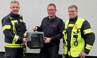 Die glücklichen Retter mit der geretteten Katze. - Feuerwehr Bielefeld Die glücklichen Retter mit der geretteten Katze. - Feuerwehr Bielefeld