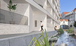 An der Ravensberger Straße soll ein helles Wohngebäude entstehen. Es liegt direkt an der freigelegten Lutter. - QLine Properties An der Ravensberger Straße soll ein helles Wohngebäude entstehen. Es liegt direkt an der freigelegten Lutter. - QLine Properties
