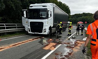 Ein Lkw verlor Diesel auf der A2. Am Rasthof Herford-Nord wurde er sichergestellt. - Claus Frickemeier Ein Lkw verlor Diesel auf der A2. Am Rasthof Herford-Nord wurde er sichergestellt. - Claus Frickemeier