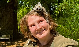 Hat Zutrauen gefasst: das Kattakind auf dem Kopf seiner Pflegerin Frauke Niehaus. - Hannchen Fenna Kloppert/Tierpark Ströhen Hat Zutrauen gefasst: das Kattakind auf dem Kopf seiner Pflegerin Frauke Niehaus. - Hannchen Fenna Kloppert/Tierpark Ströhen