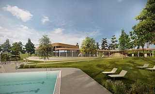 Der Entwurf des neuen Warburger Waldbades. Terrassen und ein überdachter Bereich bieten Liegestühlen und Gastronomie Platz. - Architekturbüro Krieger Der Entwurf des neuen Warburger Waldbades. Terrassen und ein überdachter Bereich bieten Liegestühlen und Gastronomie Platz. - Architekturbüro Krieger
