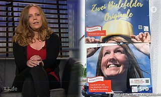Sarah Bosetti vom Satiremagazin „Extra 3“ macht sich über das Pudding-Plakat von Wiebke Esdar (SPD) lustig. - Screenshot: X3.de Sarah Bosetti vom Satiremagazin „Extra 3“ macht sich über das Pudding-Plakat von Wiebke Esdar (SPD) lustig. - Screenshot: X3.de