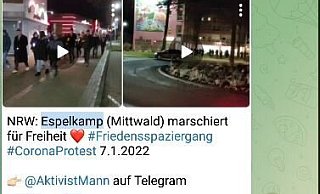 Insgesamt drei Videos hat Impfgegner Matthäus Westfal in seinem Telegram-Kanal "Aktivist Mann" vom "Spaziergang" am vergangenen Freitag in Espelkamp gepostet. - Screnshot: Frank Hartmann Insgesamt drei Videos hat Impfgegner Matthäus Westfal in seinem Telegram-Kanal "Aktivist Mann" vom "Spaziergang" am vergangenen Freitag in Espelkamp gepostet. - Screnshot: Frank Hartmann