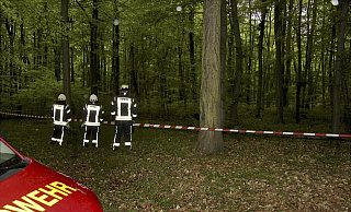 Am Absperrband der Polizei blicken Einsatzkräfte der Feuerwehr in das Waldstück bei Hümme, in dem die Trümmer des abgestürzten Segelflugzeugs liegen. Bei dem Absturz war am Sonntag ein 61-Jähriger aus Muddenhagen tödlich verletzt worden. - Bernd Schünemann / HNA Am Absperrband der Polizei blicken Einsatzkräfte der Feuerwehr in das Waldstück bei Hümme, in dem die Trümmer des abgestürzten Segelflugzeugs liegen. Bei dem Absturz war am Sonntag ein 61-Jähriger aus Muddenhagen tödlich verletzt worden. - Bernd Schünemann / HNA