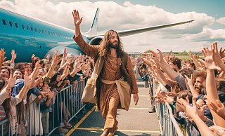 Jesus jubelt seiner Fangemeinde am Airport zu: Ein mit Künstlicher Intelligenz erzeugtes Beispiel aus der Ausstellung „KI in Kirche und Gesellschaft“. - Fraunhofer IEM / Midjourney Jesus jubelt seiner Fangemeinde am Airport zu: Ein mit Künstlicher Intelligenz erzeugtes Beispiel aus der Ausstellung „KI in Kirche und Gesellschaft“. - Fraunhofer IEM / Midjourney