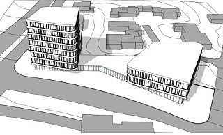 So sieht der erste Entwurf für das neue Forschungs- und Bürogebäude aus: Unten verläuft die Kurt-Schumacher-Straße, links die Voltmannstraße. - Stadt Bielefeld So sieht der erste Entwurf für das neue Forschungs- und Bürogebäude aus: Unten verläuft die Kurt-Schumacher-Straße, links die Voltmannstraße. - Stadt Bielefeld