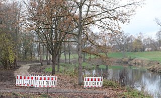 Blick von der Werretalhalle aus: Die Absperrungen weisen klar darauf hin, dass hier eigentlich kein Durchgang ist. Dahinter nimmt der Park aber schon Form an. - Judith Gladow Blick von der Werretalhalle aus: Die Absperrungen weisen klar darauf hin, dass hier eigentlich kein Durchgang ist. Dahinter nimmt der Park aber schon Form an. - Judith Gladow