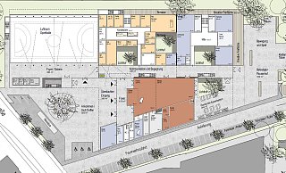 Die Ansicht zeigt das Erdgeschoss mit der Sporthalle links oben, dem Verwaltungstrakt und den Kunst- und Werkräumen rechts daneben. Südlich des zentralen Gangs liegt der Haupteingang mit Foyer, Mensa, der überdachten Mensaterrasse und dem Schulhof zur Werre hin. - Schlattmeier Architekten Die Ansicht zeigt das Erdgeschoss mit der Sporthalle links oben, dem Verwaltungstrakt und den Kunst- und Werkräumen rechts daneben. Südlich des zentralen Gangs liegt der Haupteingang mit Foyer, Mensa, der überdachten Mensaterrasse und dem Schulhof zur Werre hin. - Schlattmeier Architekten