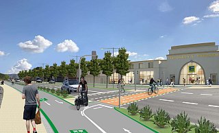 Die Einmündung der Herforder Straße auf die Mindener Straße ist ein zentraler Punkt der Planung. Hier teilt sich der Radschnellweg, der aus Richtung Westen kommend bis dahin nur auf der Nordseite geführt wurde, auf beide Straßenseiten auf. Optimistisch ist in der Visualisierung auch schon das E-Center auf dem Fuhrken-Gelände realisiert. Visualisierungen: L. Schumacher/Stadt Bad Oeynhausen - Stadt Bad Oeynhausen Die Einmündung der Herforder Straße auf die Mindener Straße ist ein zentraler Punkt der Planung. Hier teilt sich der Radschnellweg, der aus Richtung Westen kommend bis dahin nur auf der Nordseite geführt wurde, auf beide Straßenseiten auf. Optimistisch ist in der Visualisierung auch schon das E-Center auf dem Fuhrken-Gelände realisiert. Visualisierungen: L. Schumacher/Stadt Bad Oeynhausen - Stadt Bad Oeynhausen