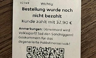 Islamfeindliche Hassbotschaften auf einem Lieferando-Kassenbon vom 2. Februar 2024. - Stefan Becker Islamfeindliche Hassbotschaften auf einem Lieferando-Kassenbon vom 2. Februar 2024. - Stefan Becker