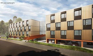 Das Wohnheim besteht aus zwei Gebäuden, die durch eine gläserne Brücke miteinander verbunden sind. Sie stehen auf einem massiven „Tisch“ mit Pfahlgründung. - cbk architekten Das Wohnheim besteht aus zwei Gebäuden, die durch eine gläserne Brücke miteinander verbunden sind. Sie stehen auf einem massiven „Tisch“ mit Pfahlgründung. - cbk architekten