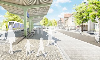 So soll der Bereich mit Wetterschutzdach künftig aussehen. - Stadt/Planer So soll der Bereich mit Wetterschutzdach künftig aussehen. - Stadt/Planer