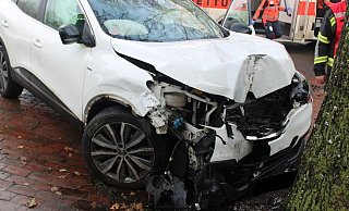 Der Renault prallte gegen einen Baum. - Polizei Minden-Lübbecke Der Renault prallte gegen einen Baum. - Polizei Minden-Lübbecke