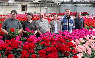 Arndt Kötter, Bettina Kilian-Kötter, Hartmut Kötter, Christin Haack vom Landesverband Gartenbau, der FDP-Bundestagsabgeordnete Jens Teutrine und Günther Klempnauer von der FDP Herford stehen in einem Meer aus Geranien aus hauseigener Aufzucht des Betriebs. - Frank-Michael Kiel-Steinkamp Arndt Kötter, Bettina Kilian-Kötter, Hartmut Kötter, Christin Haack vom Landesverband Gartenbau, der FDP-Bundestagsabgeordnete Jens Teutrine und Günther Klempnauer von der FDP Herford stehen in einem Meer aus Geranien aus hauseigener Aufzucht des Betriebs. - Frank-Michael Kiel-Steinkamp