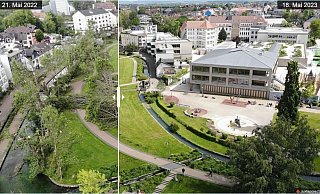 Das Paderquellgebiet am Tag nach dem Tornado und knapp ein Jahr später im direkten Vergleich. - Jens Reddeker/Screenshot NW/JuxtaposeCS Das Paderquellgebiet am Tag nach dem Tornado und knapp ein Jahr später im direkten Vergleich. - Jens Reddeker/Screenshot NW/JuxtaposeCS