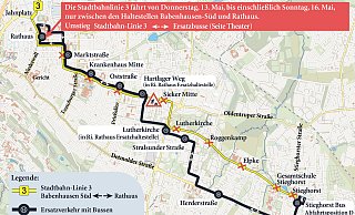 Bevor die neue Haltestelle Sieker-Mitte in Betrieb gehen kann, muss MoBiel die Stadtbahnlinie 3 vier Tage durch Busse ersetzen. Dies ist die Strecke. - MoBiel /Schultheiss Bevor die neue Haltestelle Sieker-Mitte in Betrieb gehen kann, muss MoBiel die Stadtbahnlinie 3 vier Tage durch Busse ersetzen. Dies ist die Strecke. - MoBiel /Schultheiss