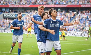 Arminia Bielefelds Kaito Mizuta feiert seinen entscheidenden Treffer gegen Borussia Dortmund II. - Oliver Krato Arminia Bielefelds Kaito Mizuta feiert seinen entscheidenden Treffer gegen Borussia Dortmund II. - Oliver Krato