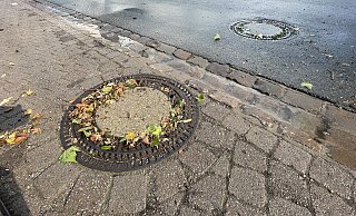Dass Blätter Gullydeckel verstopft haben, hat dazu geführt, dass sich Wasser in einigen Straßen rasch aufgestaut hat. - Ralf T. Mischer Dass Blätter Gullydeckel verstopft haben, hat dazu geführt, dass sich Wasser in einigen Straßen rasch aufgestaut hat. - Ralf T. Mischer