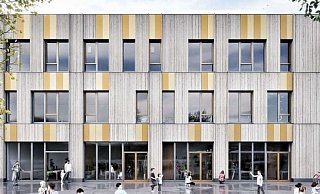 Orange Platten in grauem Holz: So wird das neue Gebäude aussehen, wenn sich die Schule für den Farbton "Riga" ausgesprochen hat. - Stadt Gütersloh Orange Platten in grauem Holz: So wird das neue Gebäude aussehen, wenn sich die Schule für den Farbton "Riga" ausgesprochen hat. - Stadt Gütersloh