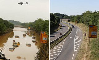 Am 17. Juli 2021 auf der überfluteten Bundesstraße B265 bei Erftstadt (l.) und knapp ein Jahr später, am 16. Juni 2022, sind an derselben Stelle die Folgen der Flut nicht mehr sichtbar (r). - David Young Am 17. Juli 2021 auf der überfluteten Bundesstraße B265 bei Erftstadt (l.) und knapp ein Jahr später, am 16. Juni 2022, sind an derselben Stelle die Folgen der Flut nicht mehr sichtbar (r). - David Young
