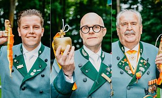 Die drei Prinzen des PBSV: Unteroffizier Maximilian Koch (Krone), Vize-Feldwebel Torsten Vogt (Apfel) und Sergeant Hans-Jürgen Kallenberg (Zepter). - Besim Mazhiqi Die drei Prinzen des PBSV: Unteroffizier Maximilian Koch (Krone), Vize-Feldwebel Torsten Vogt (Apfel) und Sergeant Hans-Jürgen Kallenberg (Zepter). - Besim Mazhiqi