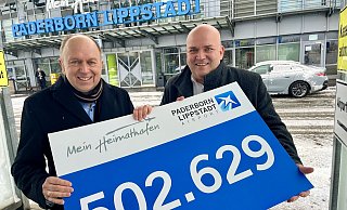 Aufsichtsratschef Christoph Rüther (l.) und Flughafenchef Roland Hüser sind stolz auf die Passagierzahl 2022 in Paderborn/Lippstadt. - Jens Reddeker Aufsichtsratschef Christoph Rüther (l.) und Flughafenchef Roland Hüser sind stolz auf die Passagierzahl 2022 in Paderborn/Lippstadt. - Jens Reddeker